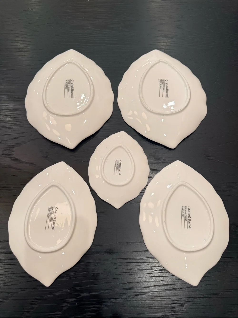 White Porcelain Crate & Barrel Leaf-Shaped Ceramic Serving Plates - Set of 5